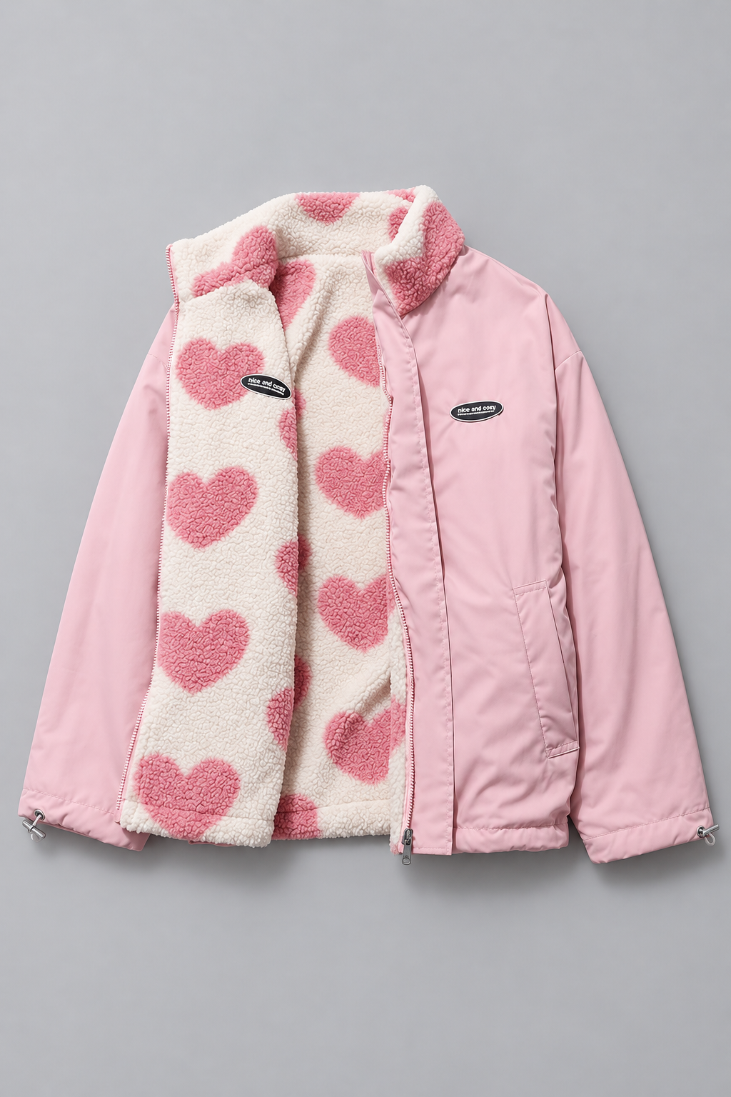 Reversa Reversible Fleece Jacket – Heart Pattern Teddy Fleece Women Casual Oversized Zip-Up Jacket