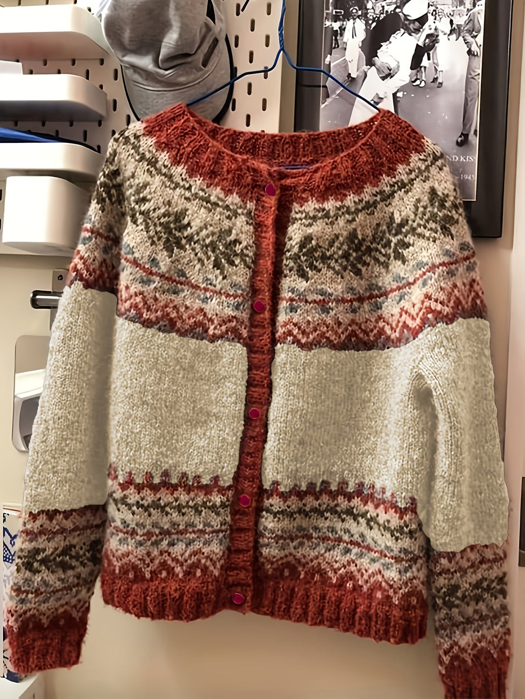 Fairbane Fair Isle Button-Up Cardigan – Women Knit Sweater Nordic Chunky Ribbed Autumn Fall Cardigan