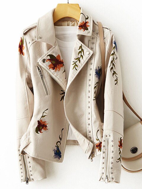 Studrenn Embroidered Biker Jacket – Floral Faux Leather Women Autumn Casual Motorbike Festival Biker Jacket