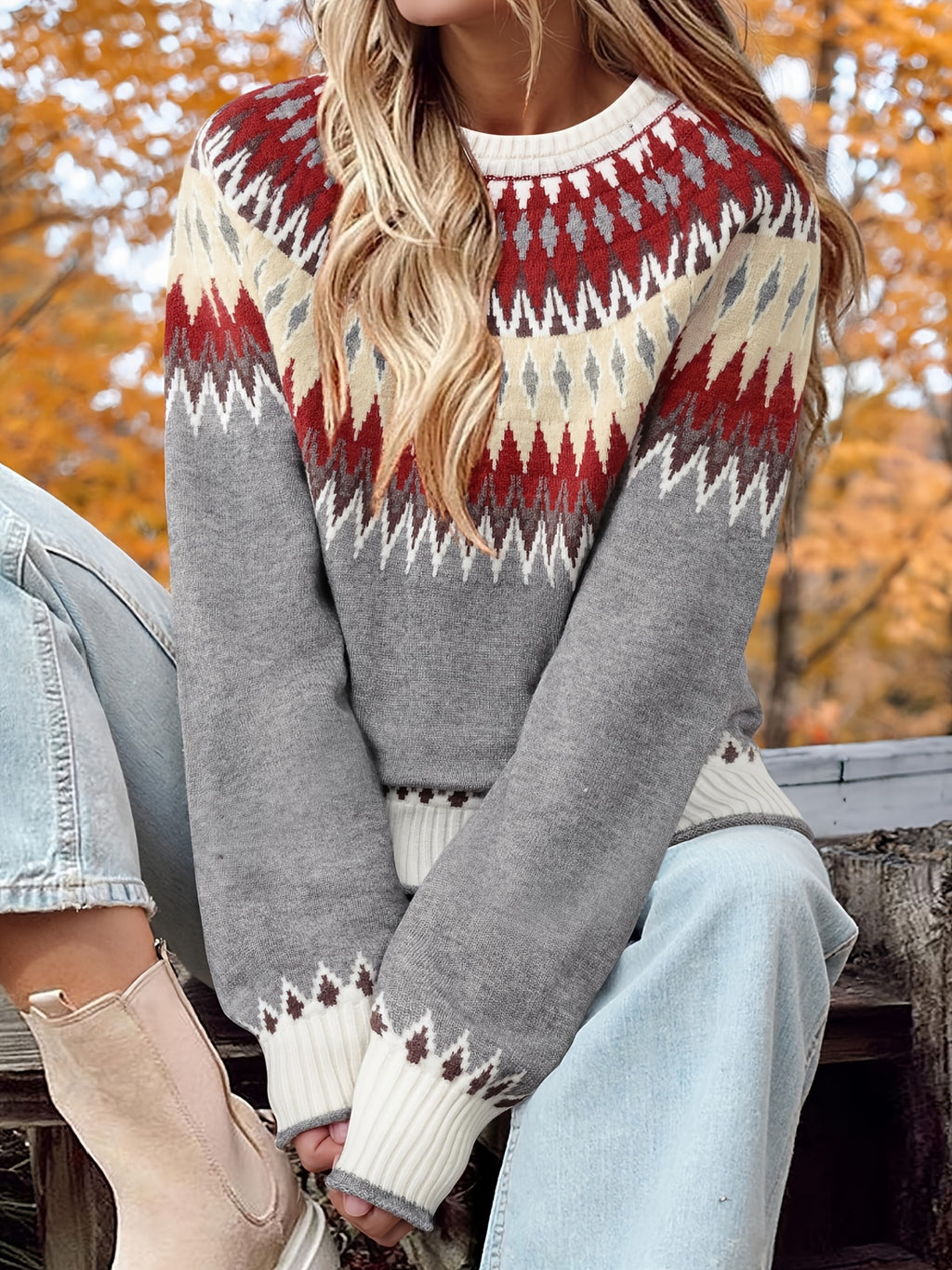 Zagrow Fair Isle Knit Jumper – Women Oversized Crew Neck Nordic Pattern Autumn Casual Chunky Jumper