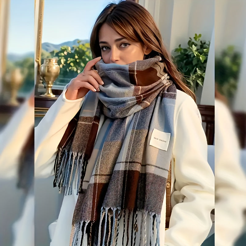 Twillyne Oversized Check Scarf – Tartan Wool Scarf Women Winter Checked Fringe Wrap Shawl Blanket Scarf