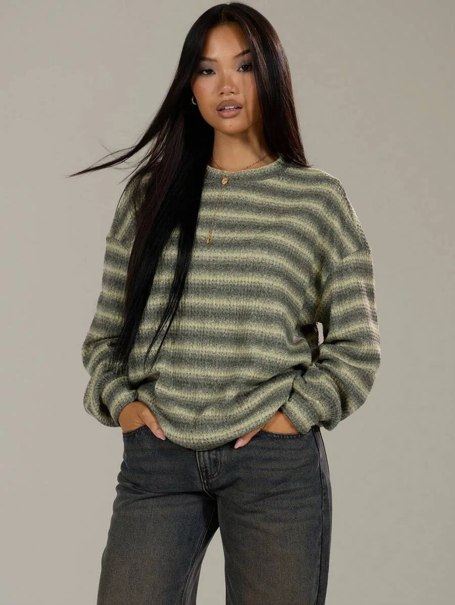 Shadria Oversized Striped Crew Neck Jumper – Striped Knitwear Women Oversized Knit Sweater Casual Longline Top