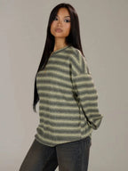 Shadria Oversized Striped Crew Neck Jumper – Striped Knitwear Women Oversized Knit Sweater Casual Longline Top