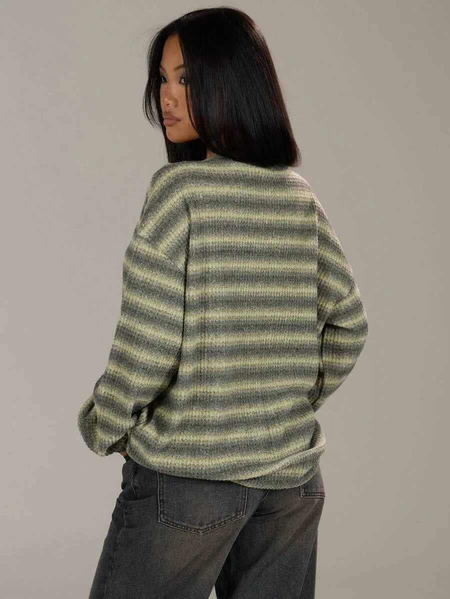 Shadria Oversized Striped Crew Neck Jumper – Striped Knitwear Women Oversized Knit Sweater Casual Longline Top