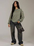 Shadria Oversized Striped Crew Neck Jumper – Striped Knitwear Women Oversized Knit Sweater Casual Longline Top