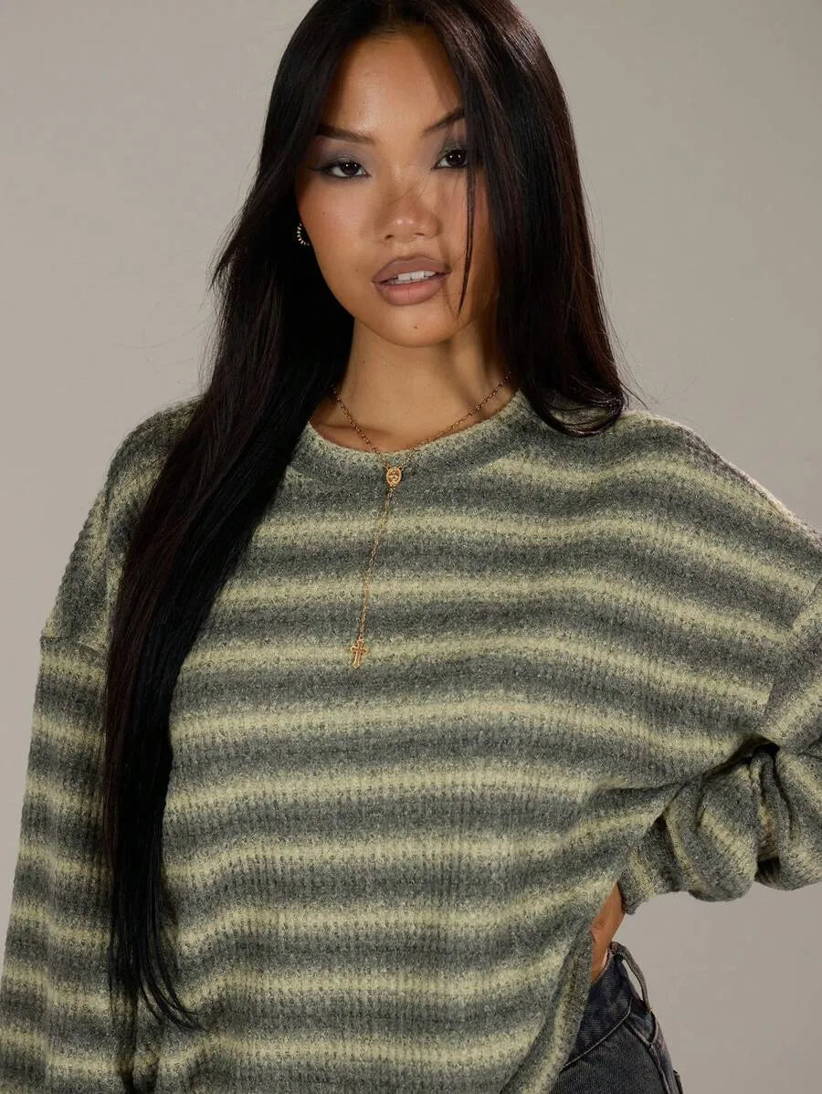 Shadria Oversized Striped Crew Neck Jumper – Striped Knitwear Women Oversized Knit Sweater Casual Longline Top