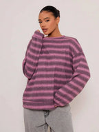 Shadria Oversized Striped Crew Neck Jumper – Striped Knitwear Women Oversized Knit Sweater Casual Longline Top