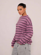 Shadria Oversized Striped Crew Neck Jumper – Striped Knitwear Women Oversized Knit Sweater Casual Longline Top