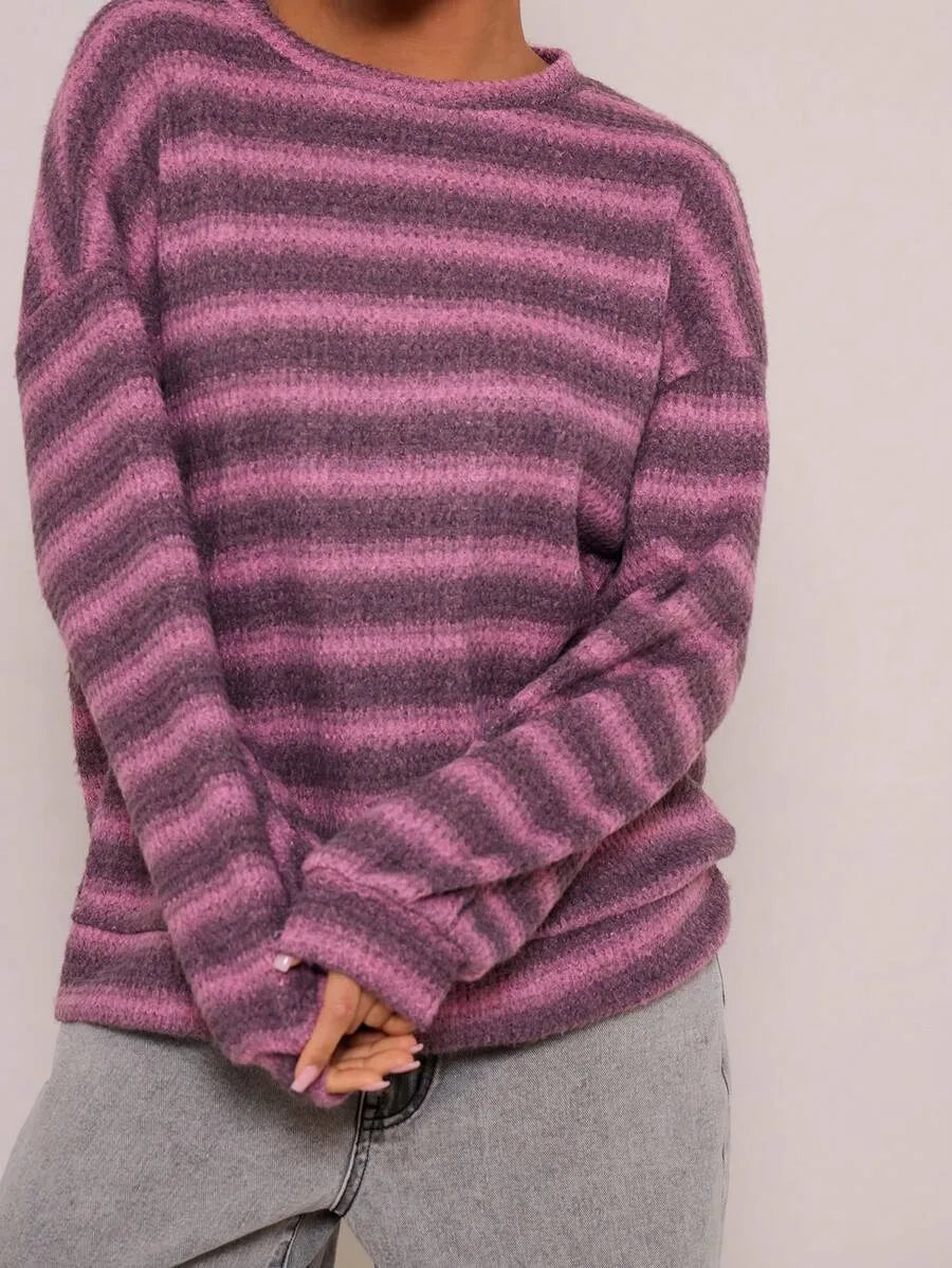 Shadria Oversized Striped Crew Neck Jumper – Striped Knitwear Women Oversized Knit Sweater Casual Longline Top