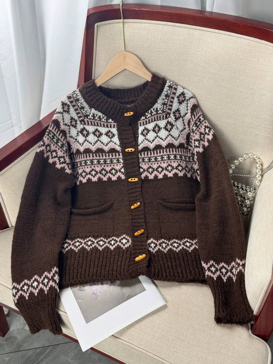 Plyka Fair Isle Button Cardigan – Nordic Jacquard Knitted Women Cropped Casual Fall Autumn Cardigan