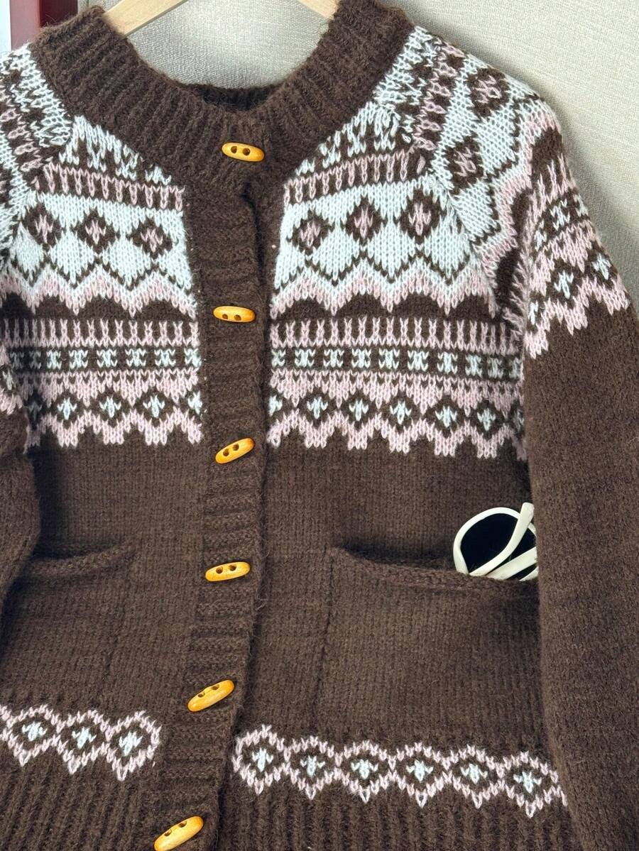 Plyka Fair Isle Button Cardigan – Nordic Jacquard Knitted Women Cropped Casual Fall Autumn Cardigan