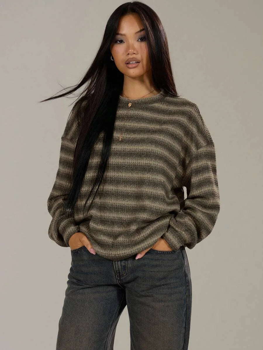 Shadria Oversized Striped Crew Neck Jumper – Striped Knitwear Women Oversized Knit Sweater Casual Longline Top