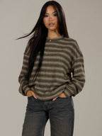 Shadria Oversized Striped Crew Neck Jumper – Striped Knitwear Women Oversized Knit Sweater Casual Longline Top