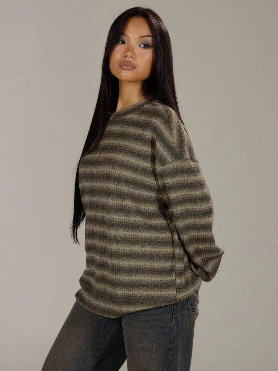 Shadria Oversized Striped Crew Neck Jumper – Striped Knitwear Women Oversized Knit Sweater Casual Longline Top