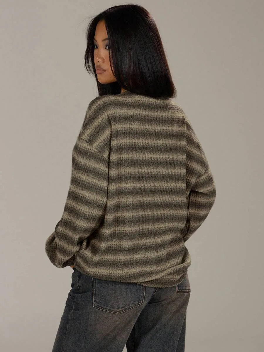 Shadria Oversized Striped Crew Neck Jumper – Striped Knitwear Women Oversized Knit Sweater Casual Longline Top