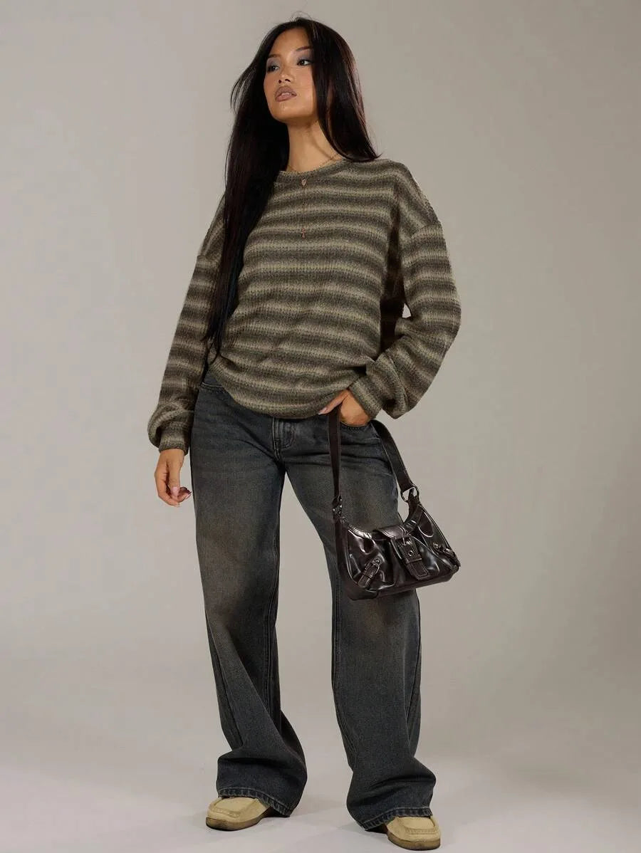 Shadria Oversized Striped Crew Neck Jumper – Striped Knitwear Women Oversized Knit Sweater Casual Longline Top
