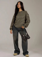Shadria Oversized Striped Crew Neck Jumper – Striped Knitwear Women Oversized Knit Sweater Casual Longline Top