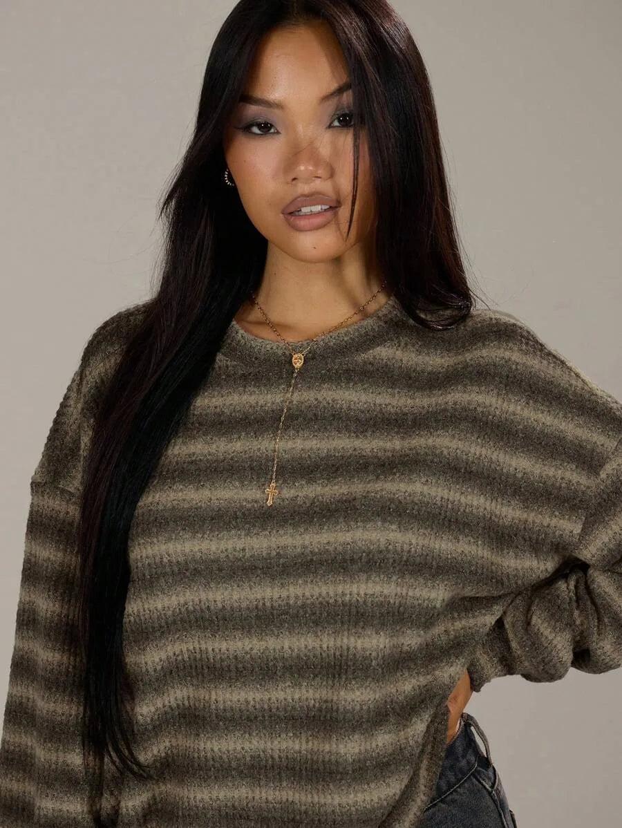 Shadria Oversized Striped Crew Neck Jumper – Striped Knitwear Women Oversized Knit Sweater Casual Longline Top