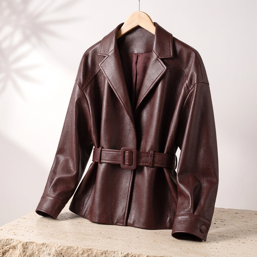 Cuffolla Belted Leather Blazer – Women Tailored Office Jacket Longline Formal Work Blazer