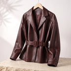 Cuffolla Belted Leather Blazer – Women Tailored Office Jacket Longline Formal Work Blazer
