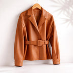 Cuffolla Belted Leather Blazer – Women Tailored Office Jacket Longline Formal Work Blazer