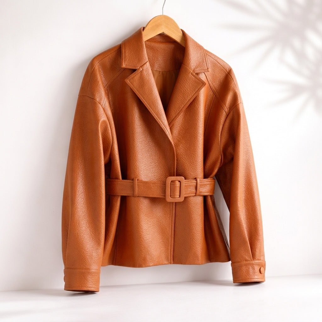 Cuffolla Belted Leather Blazer – Women Tailored Office Jacket Longline Formal Work Blazer