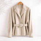 Cuffolla Belted Leather Blazer – Women Tailored Office Jacket Longline Formal Work Blazer
