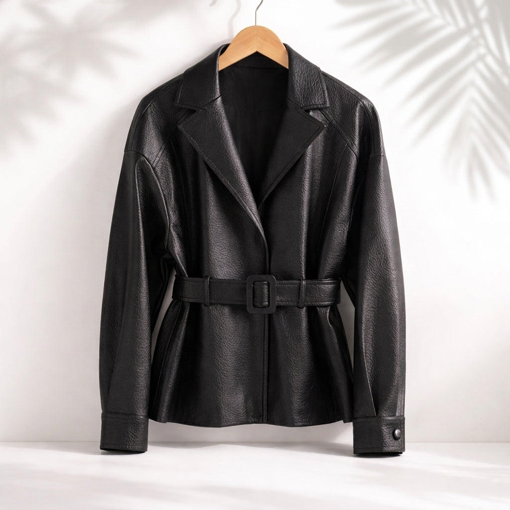 Cuffolla Belted Leather Blazer – Women Tailored Office Jacket Longline Formal Work Blazer