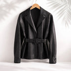 Cuffolla Belted Leather Blazer – Women Tailored Office Jacket Longline Formal Work Blazer