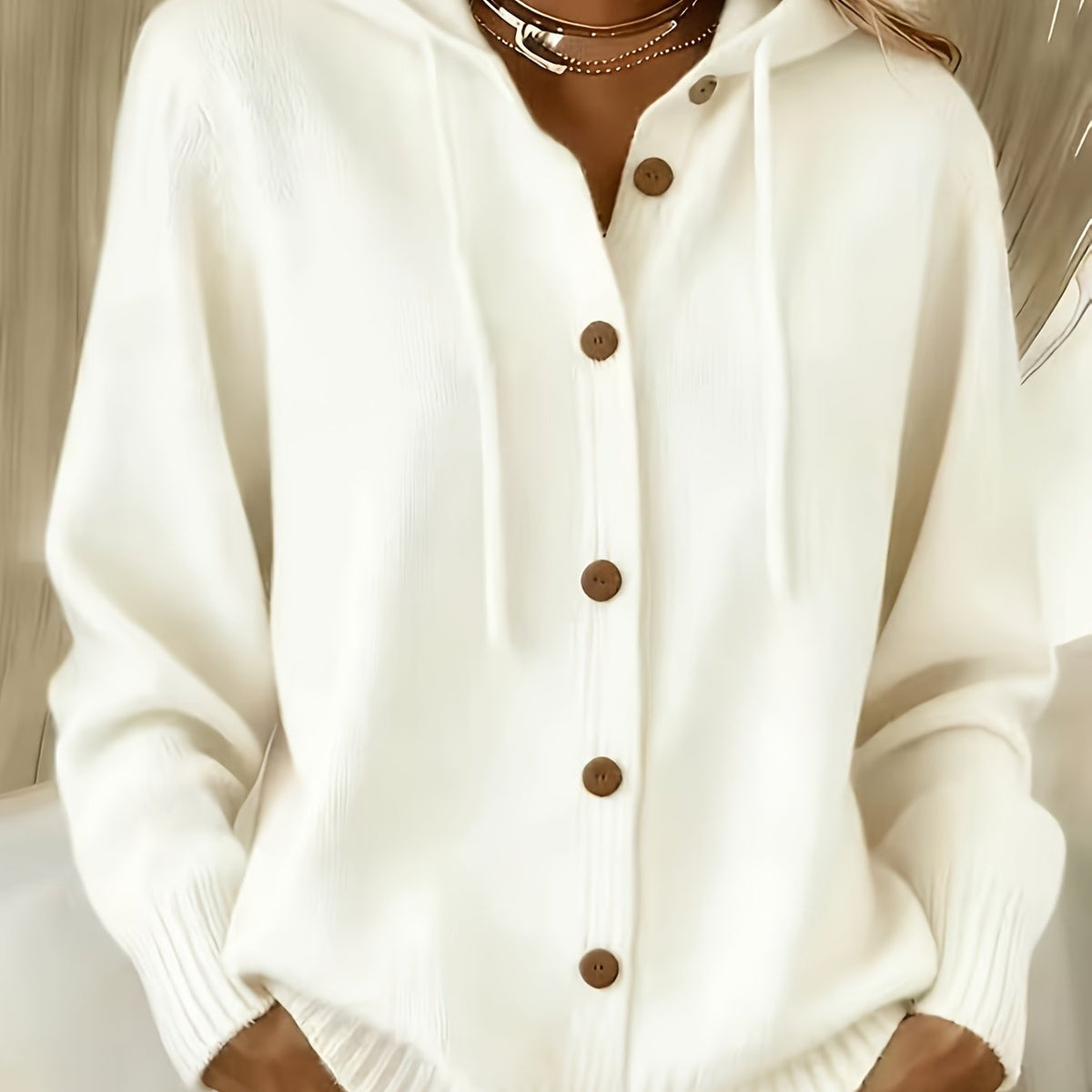 Ribbenne Hooded Button Cardigan – Knit Cardigan Women Casual Autumn Winter Loungewear Cosy Oversized Hoodie