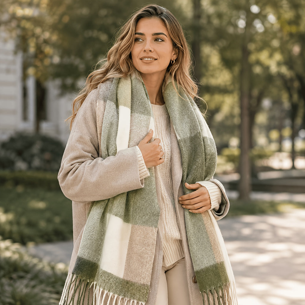 Fritasse Check Wool Scarf – Tartan Wool Checkered Scarf Women Fall Winter Soft Warm Plaid Scarf