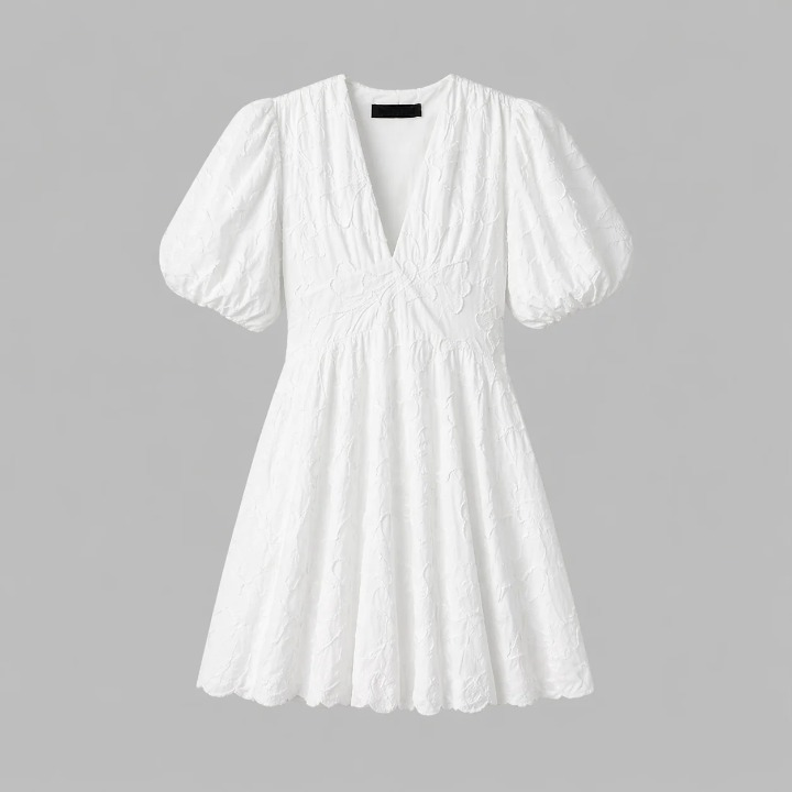 Embria Puff Sleeve Midi Dress – White Embroidered Women Wedding Guest Party Elegant Puff Sleeve Dress