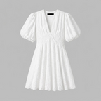 Embria Puff Sleeve Midi Dress – White Embroidered Women Wedding Guest Party Elegant Puff Sleeve Dress