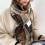 Twillyne Oversized Check Scarf – Tartan Wool Scarf Women Winter Checked Fringe Wrap Shawl Blanket Scarf