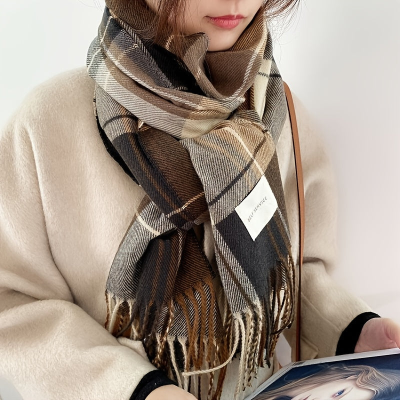 Twillyne Oversized Check Scarf – Tartan Wool Scarf Women Winter Checked Fringe Wrap Shawl Blanket Scarf