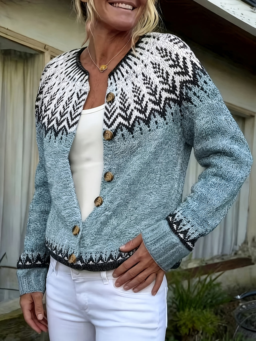 Chevzig Fair Isle Knit Cardigan – Fair Isle Cardigan Women Ladies Autumn Knit Button Front Chunky Cardigan