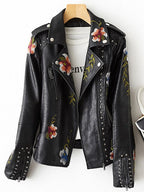 Studrenn Embroidered Biker Jacket – Floral Faux Leather Women Autumn Casual Motorbike Festival Biker Jacket