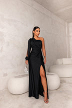 Drapnotte One-Shoulder Maxi Dress – Satin Evening Women Formal Elegant Party Maxi Dress