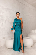 Drapnotte One-Shoulder Maxi Dress – Satin Evening Women Formal Elegant Party Maxi Dress