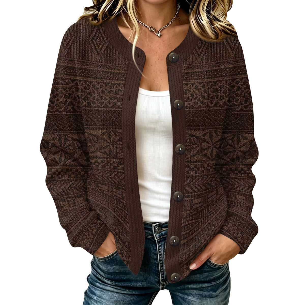 Fairsnia Fair Isle Knit Cardigan – Chunky Button Front Women Crew Neck Long Sleeve Casual Fall Cardigan