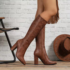 Pointra Block Heel Knee High Boots – Women Faux Leather Pointed Toe Autumn Winter Tall Boots