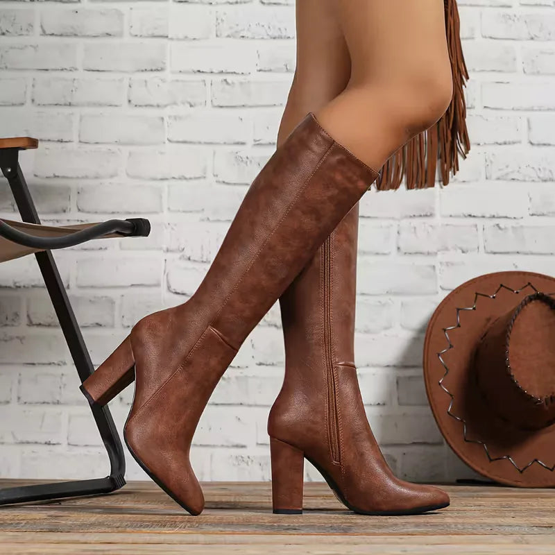 Pointra Block Heel Knee High Boots – Women Faux Leather Pointed Toe Autumn Winter Tall Boots