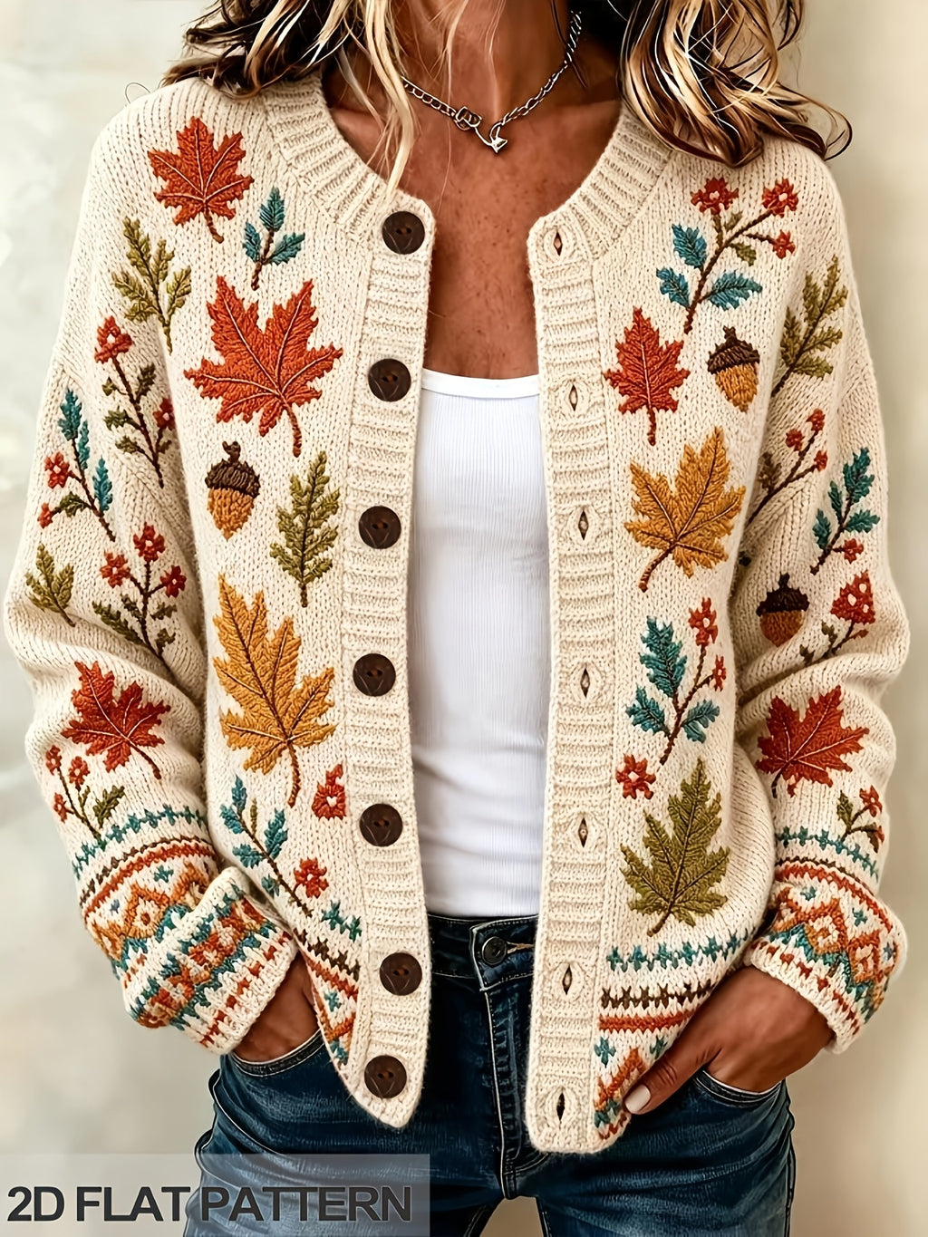 Maplif Embroidered Button-Front Cardigan – Knit Women Autumn Fall Embroidered Woodland Casual Cardigan