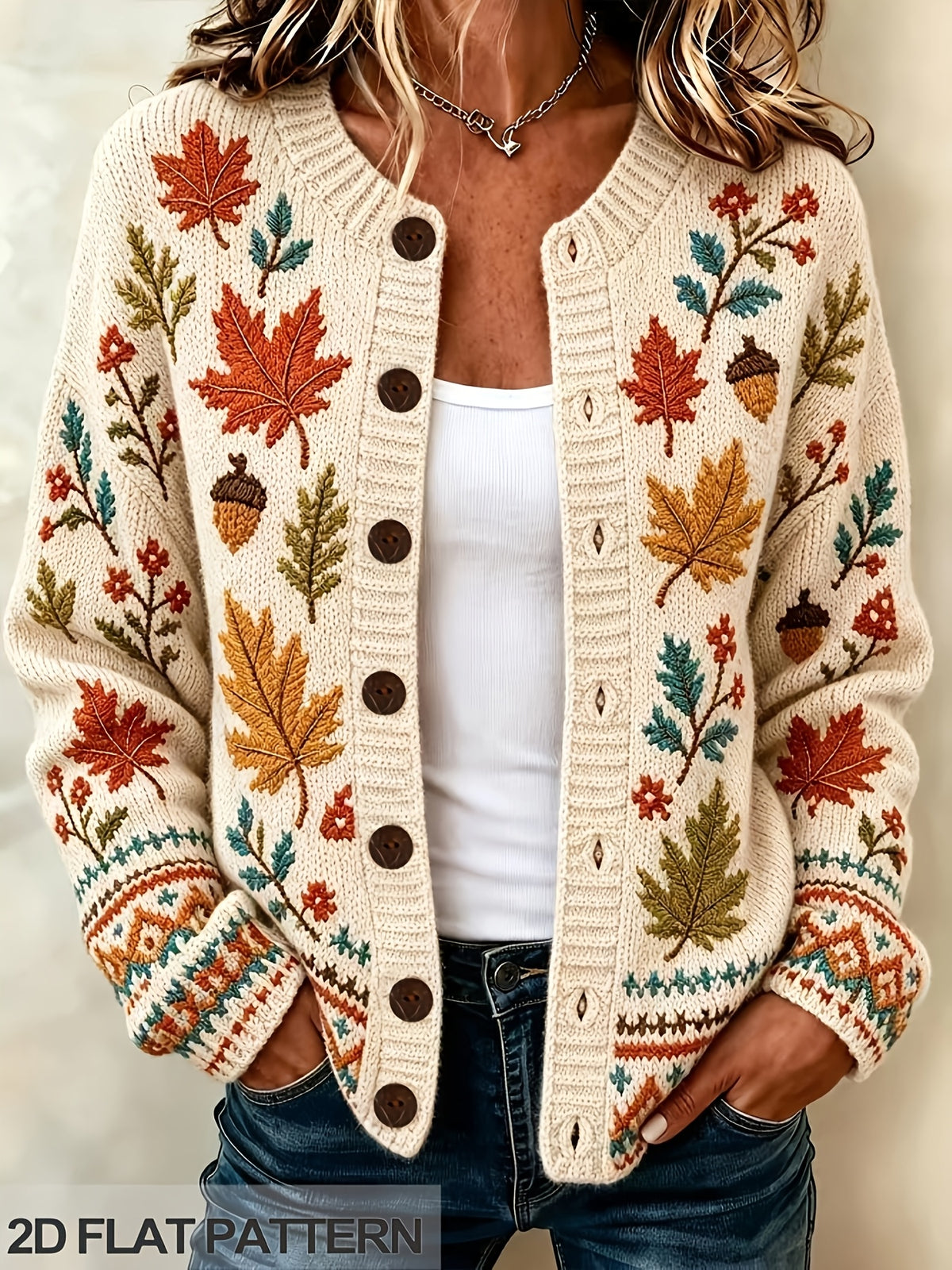 Maplif Embroidered Button-Front Cardigan – Knit Women Autumn Fall Embroidered Woodland Casual Cardigan