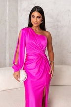Drapnotte One-Shoulder Maxi Dress – Satin Evening Women Formal Elegant Party Maxi Dress