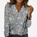 Speckra Sequin V-Neck Long-Sleeve Top – Women Embellished Evening Party Occasion Blouse