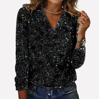 Speckra Sequin V-Neck Long-Sleeve Top – Women Embellished Evening Party Occasion Blouse
