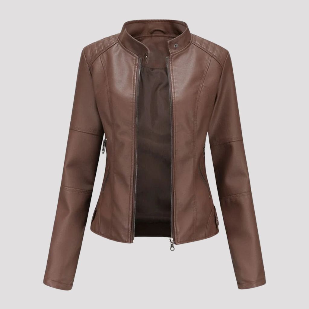 Paniseem Collar Fitted Faux Leather Jacket – Women Biker Moto Casual Autumn Winter Outerwear Coat