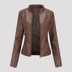 Paniseem Collar Fitted Faux Leather Jacket – Women Biker Moto Casual Autumn Winter Outerwear Coat