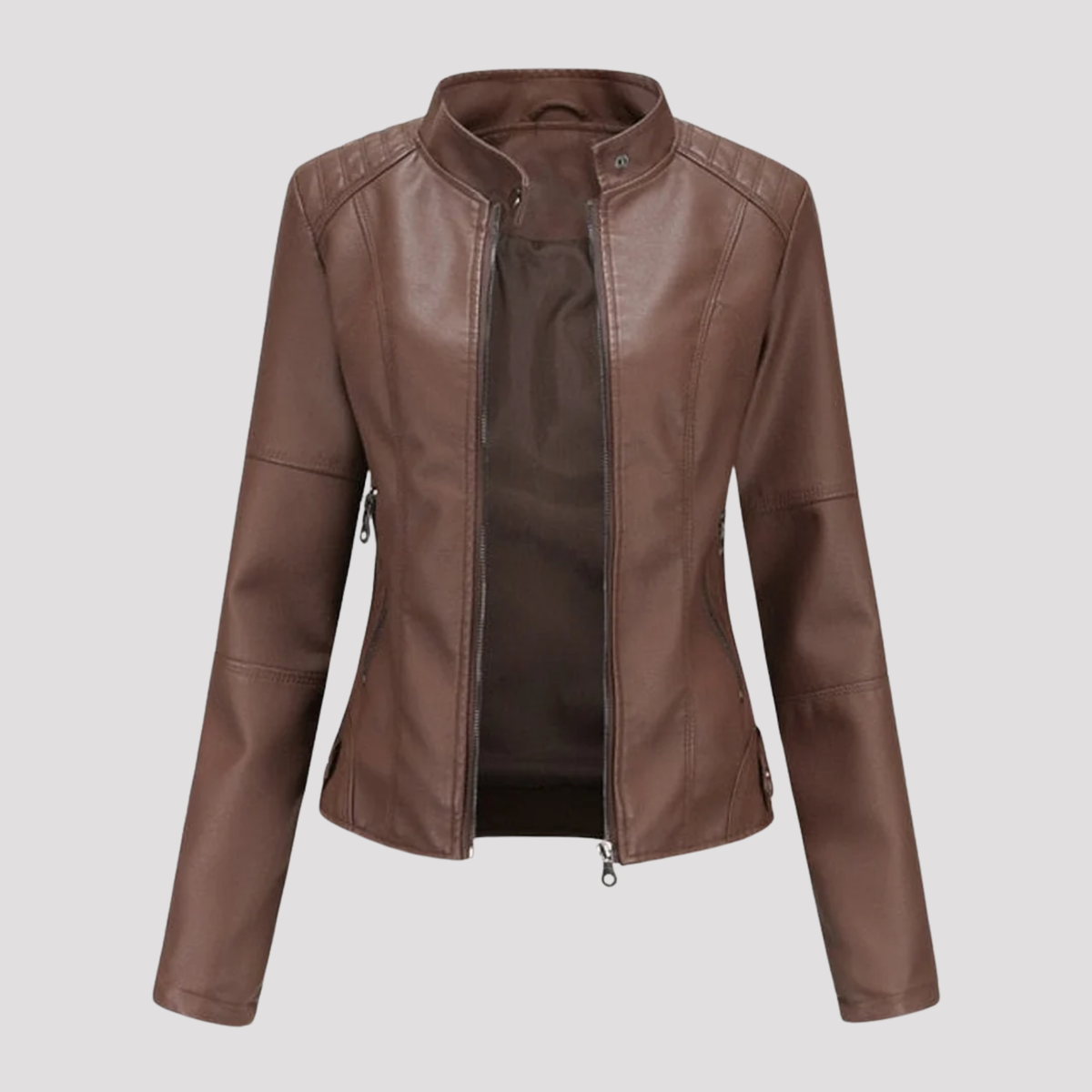 Paniseem Collar Fitted Faux Leather Jacket – Women Biker Moto Casual Autumn Winter Outerwear Coat